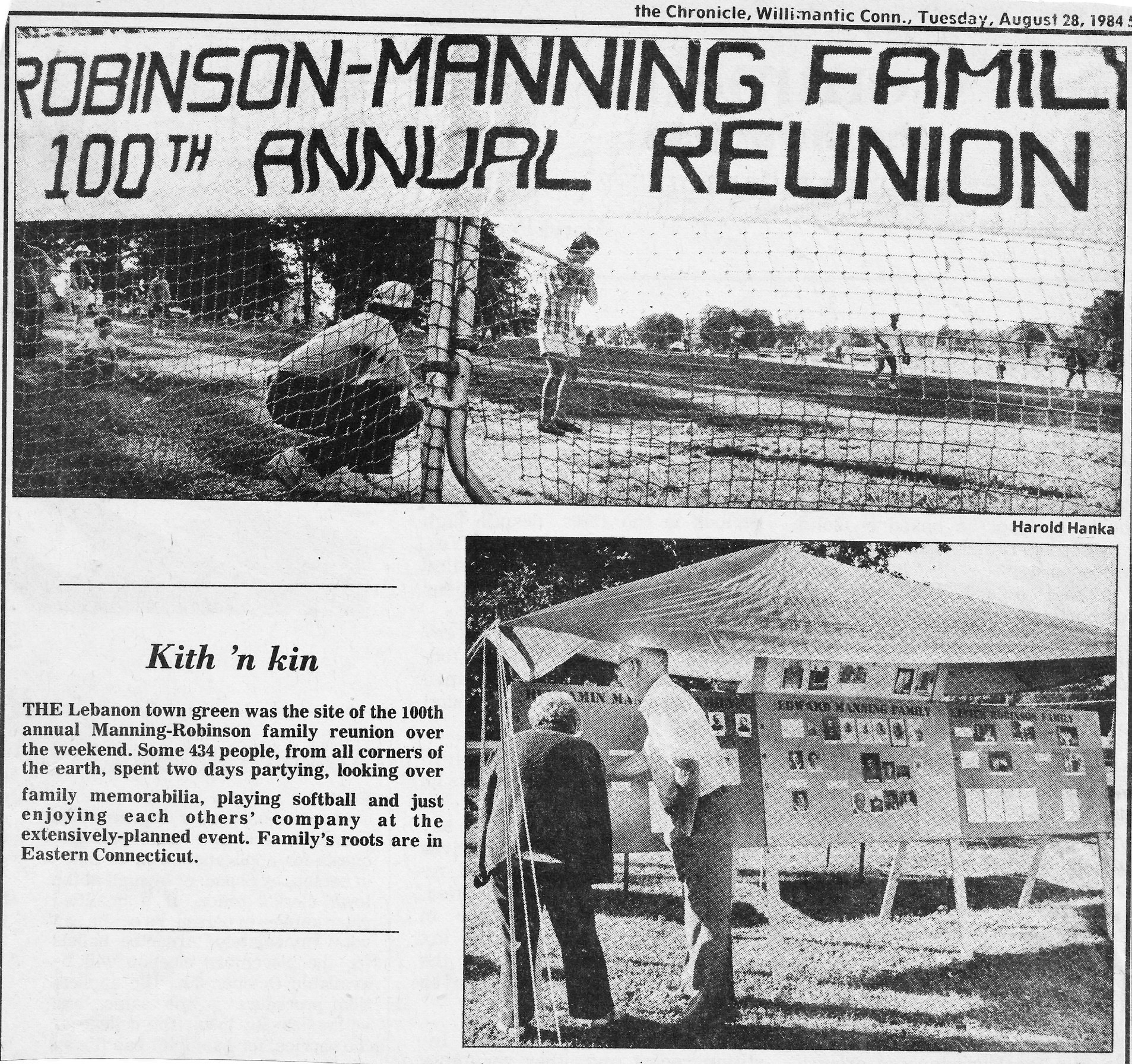 Black and white newspaper photos reading Robinson and Manning 100th Annual Reunion