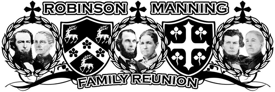 A banner showing the Manning and Robinson shields as well as photographs of the three Manning brothers and Robinson sisters created by Clark Hinckley